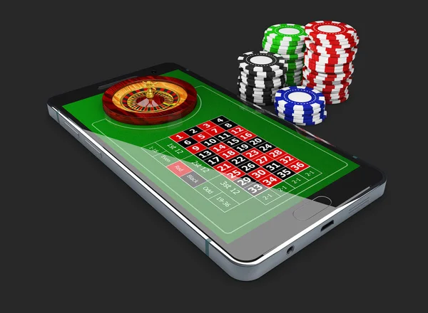 Onlinespel på webben med telefon casino roulettehjulet isolerade på svart. Spela online koncept. 3D illustration — Stockfoto