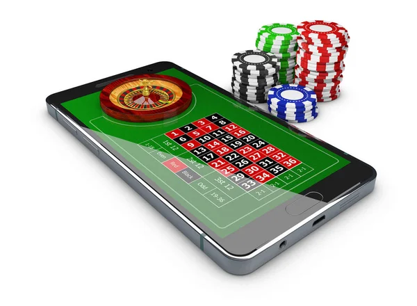 Ilustración 3d de juegos en línea web con rueda de ruleta de casino de teléfono, concepto de juego en línea —  Fotos de Stock