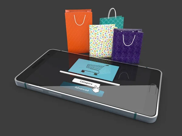 Téléphone et sacs. e-commerce concept, 3d Illustration isolé noir — Photo