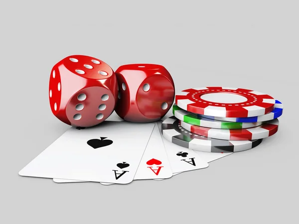 Casino 3D çizimi Dices, kart oynamak ve Poker fişleri. izole beyaz — Stok fotoğraf