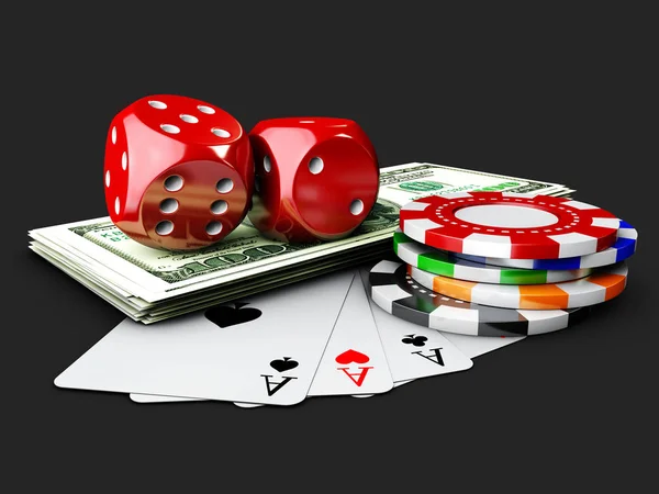 Casino tärningar, spela kort, pengar och pokermarker. isolerad svart. 3D illustration — Stockfoto