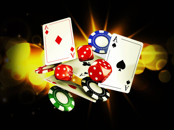 Casino background with cards, chips and craps on bright light. 3d illustration.