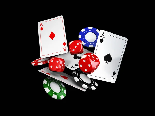 Kaszinó téma a chipek és a póker játék színes kártyák, elszigetelt fekete, 3D-s illusztráció — Stock Fotó