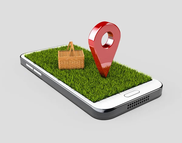 GPS navegador rojo pin color burla con hierba y cesta de picnic sobre fondo gris. ilustración 3d —  Fotos de Stock
