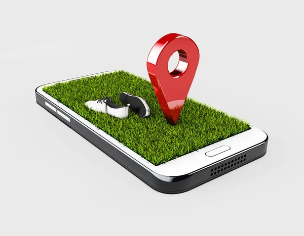 Navegador GPS rojo pin color burla con hierba y zapato sobre fondo gris. ilustración 3d —  Fotos de Stock