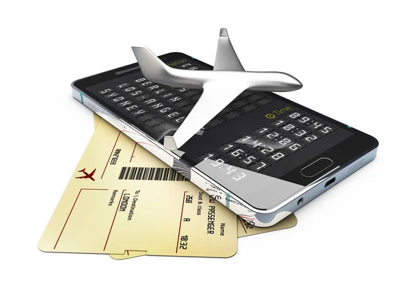 Ein Flugzeug am Telefon und Tickets für Geschäftsreisen oder Urlaubsreisen isolierte 3D-Illustration — Stockfoto