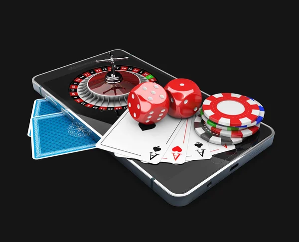 3D-afbeelding van mobiele telefoon met Roulette, play-kaart, dobbelstenen en chips, Online casino concept — Stockfoto
