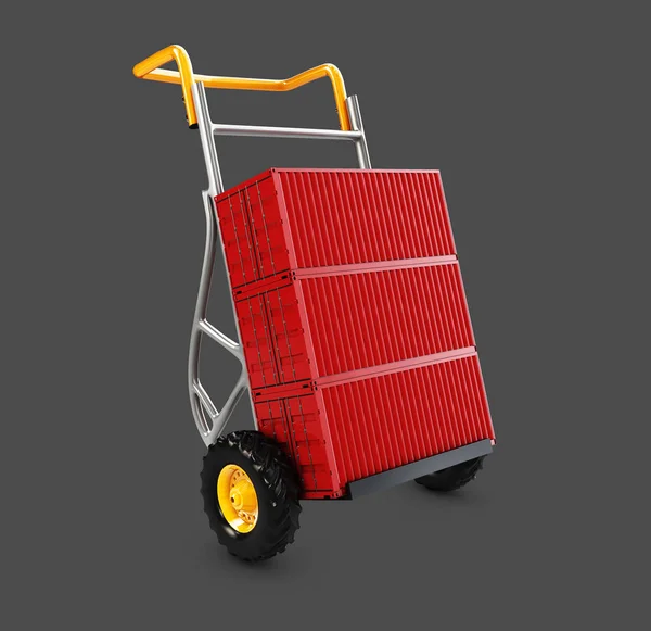 Hand truck and cargo container isolated on black, 3d Illustration