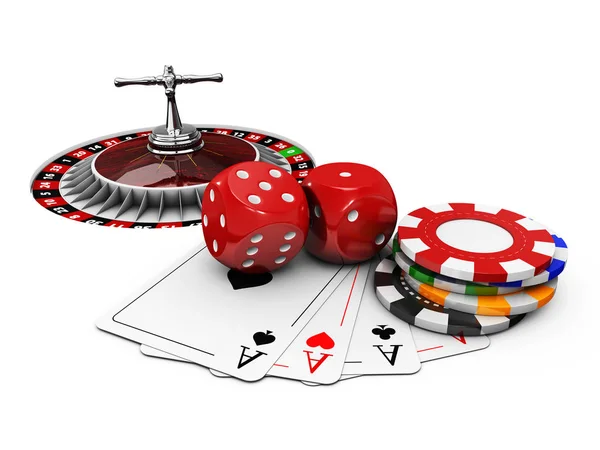 3D Casino resimde arka plan zar, kartları, rulet ve patates kızartması ile. — Stok fotoğraf