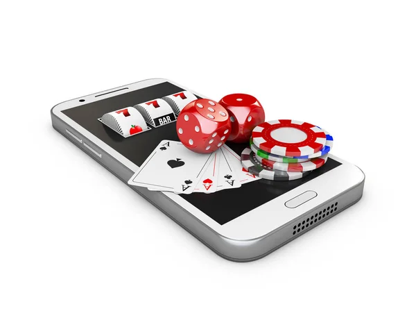 Mobiele telefoon en slotmachine met spelen kaart, dobbelstenen en chips, Online casino concept. 3D illustratie — Stockfoto