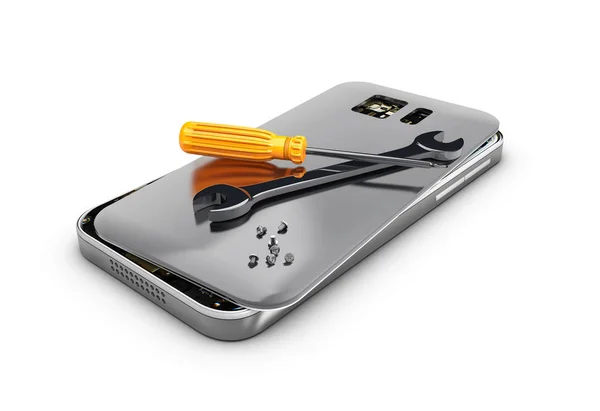 Ilustracja 3D, Naprawa telefonów komórkowych, uszkodzony telefon komórkowy z śrubokręt i klucz. — Zdjęcie stockowe