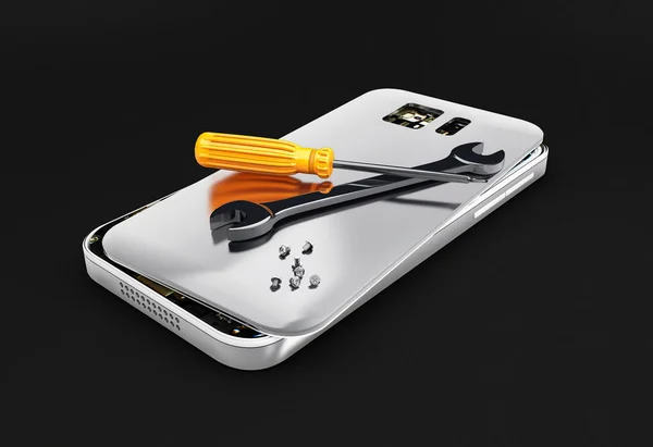 Naprawa telefonów komórkowych, uszkodzony telefon komórkowy z śrubokręt i klucz. ilustracja 3D, czarno na białym tle — Zdjęcie stockowe