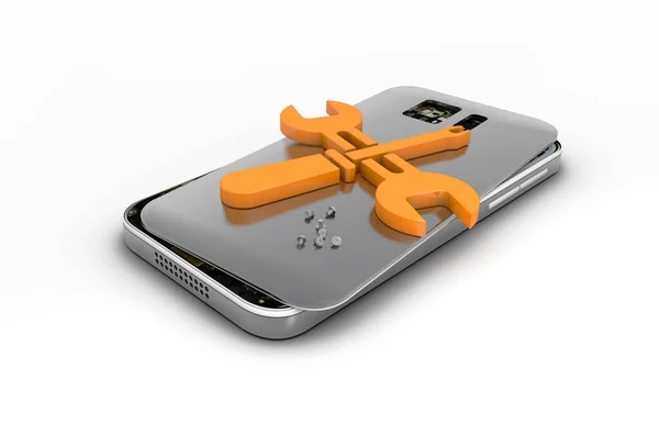 Ремонт мобильных телефонов, сломанный мобильный телефон с логотипом ремонта. 3D иллюстрация, изолированный черный — стоковое фото