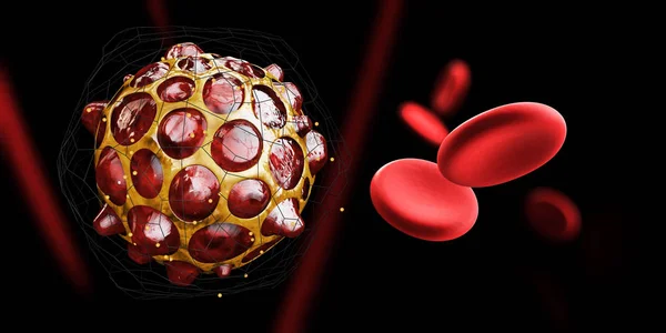 3d Illustration of Virus or bacteria with blood cell, black background — Stock Photo, Image