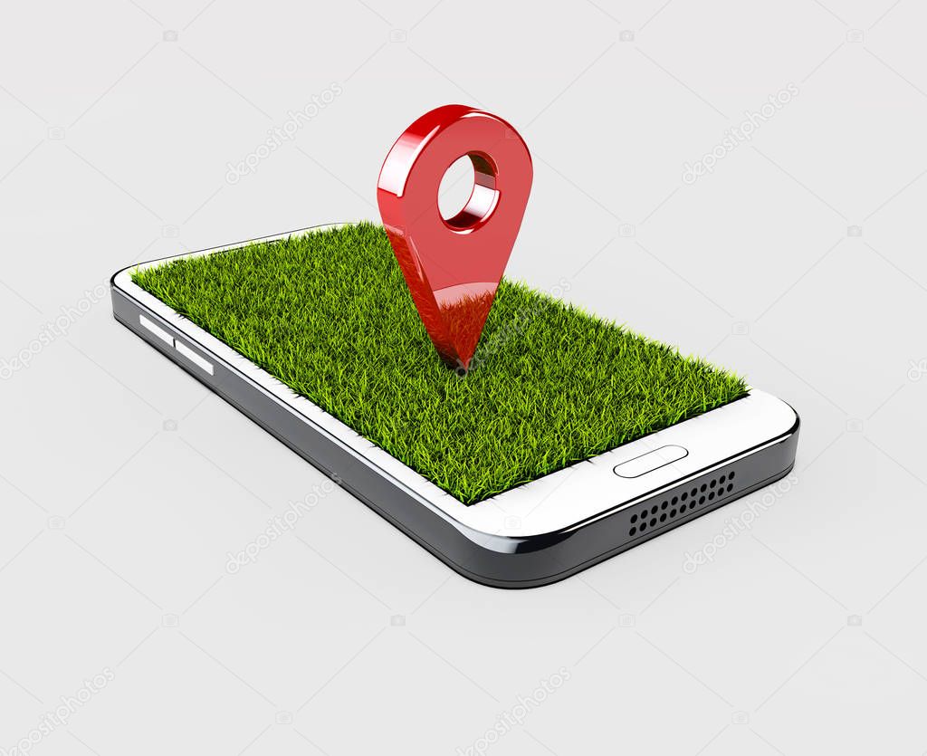 GPS navigator pin red color mock up with grass on gray background. 3d illustration