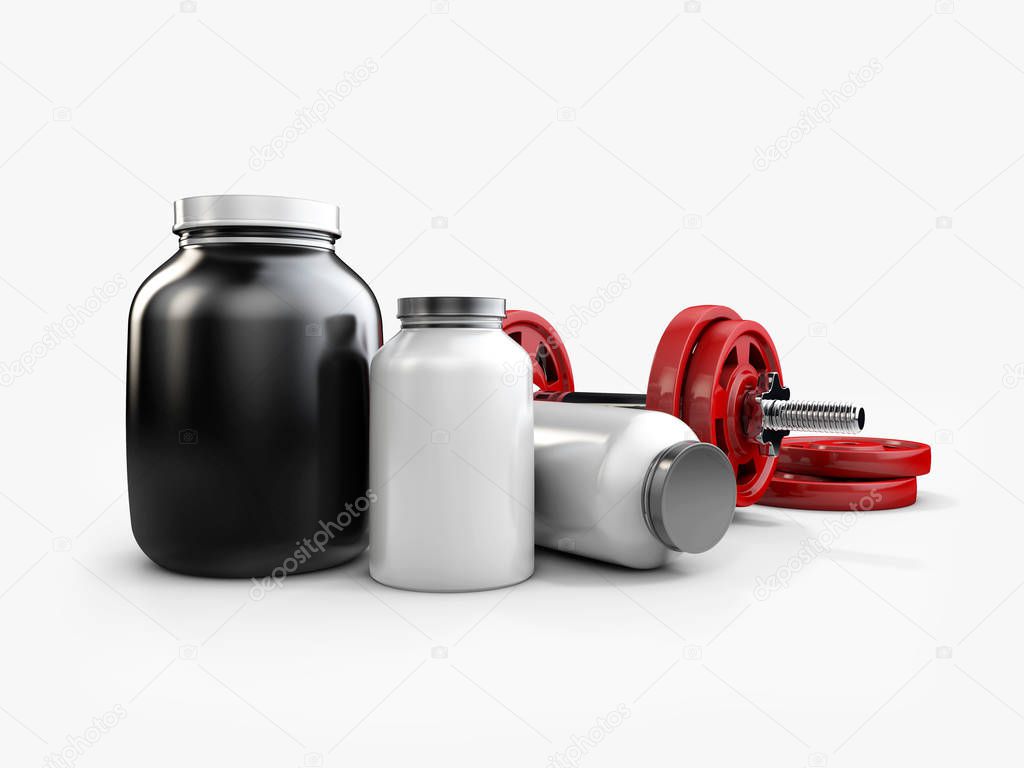 Realistic sport nutrition containers without label and red dumbbells, 3d Illustration isolated on white background.