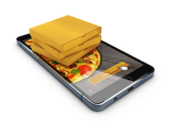 Pizza online bestellen. Smartphone mit Pizza auf dem Bildschirm und Pizzakarton. 3D-Illustration. — Stockfoto