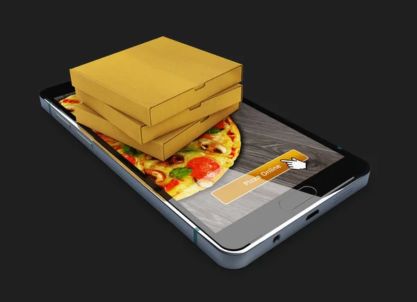 3d illustration of Smartphone with pizza on the screen and box of pizza. Order fast food concept.