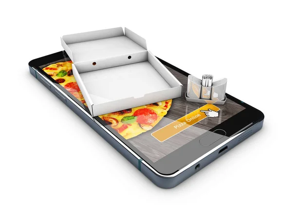 3d ілюстрація смартфона з піцою з коробки, доставка їжі онлайн . — стокове фото