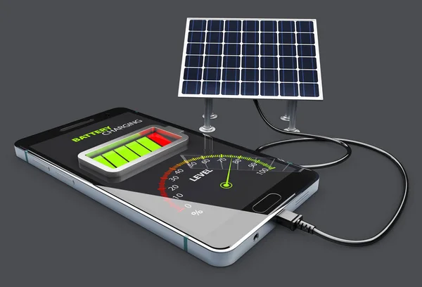 手机充电和太阳能电池，孤立的黑色，3d 图 — 图库照片