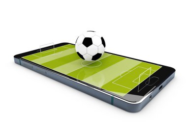 Futbol sahasında smartphone ekran. 3D çizim.