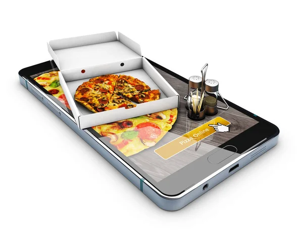 Pedir comida sitio web en línea. Servicio online de entrega de pizza de comida rápida. Ilustración 3d — Foto de Stock