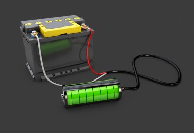 Yeşil pil tam şarjlı. Koyu arka plan, 3d illüstrasyon izole kavramı güç ve enerji,.