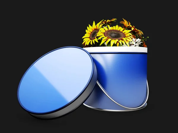 Färgglada solros blomma i rutan 3d Illustration på svart bakgrund — Stockfoto