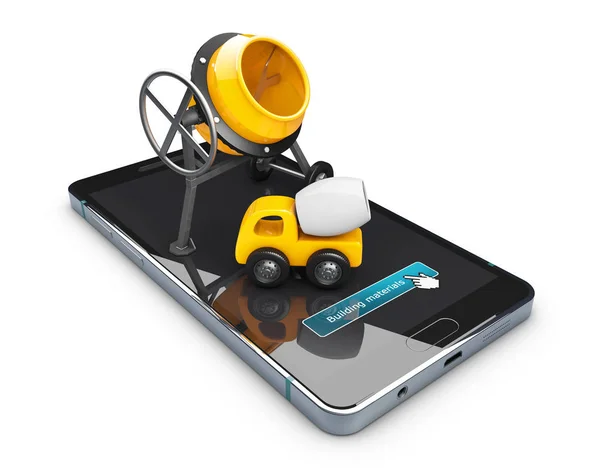 Ilustração 3d do misturador de concreto amarelo na tela do telefone. branco isolado — Fotografia de Stock