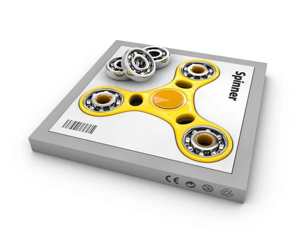Juguete amarillo de los hilanderos de la mano en la caja, ilustración 3d —  Fotos de Stock