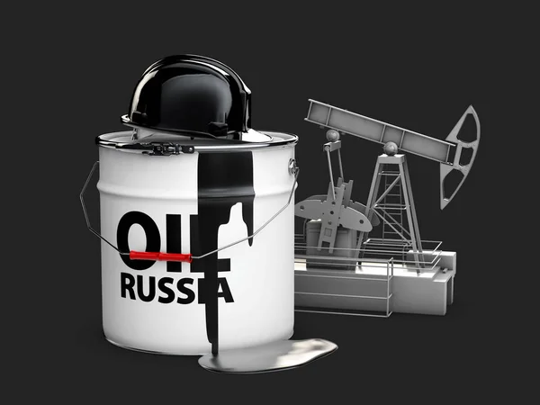 3d иллюстрация барреля российской нефти с нефтяным насосом, изолированный черный — стоковое фото