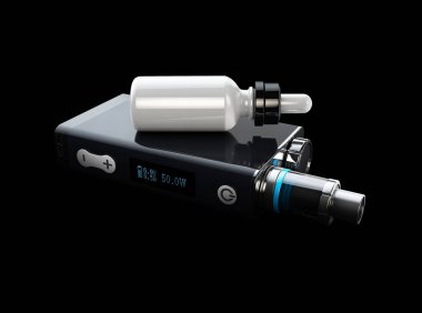 Vape 3D çizim ve aromatik yağ ile şişe. izole siyah