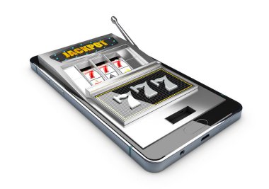 Smartphone ile casino slot makinesinin üstünde perde. 3D çizim