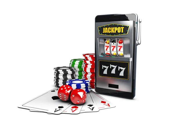 3D απεικόνιση του ένα θέμα καζίνο με χρώμα παίζοντας τσιπ, κουλοχέρης και χαρτιά του πόκερ — Φωτογραφία Αρχείου