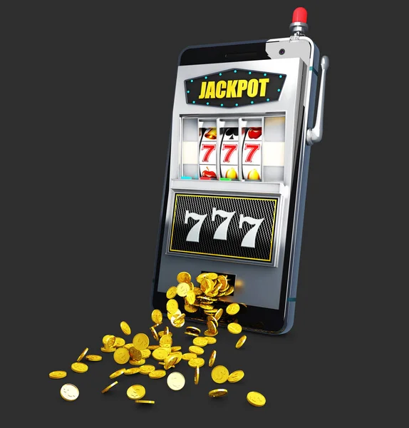 3D-afbeelding van Slot machine met gelukkige Zevens jackpot en munten. — Stockfoto