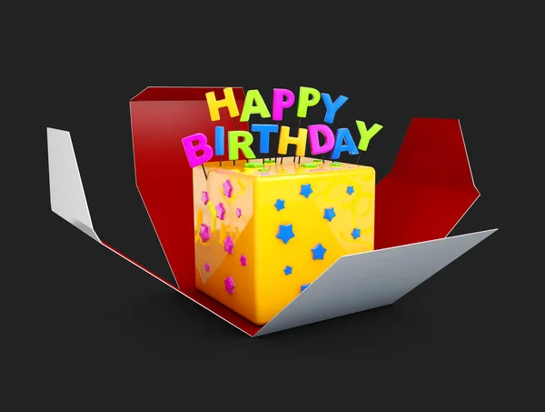 3D illustratie van kleine heerlijke crème verjaardagstaart in het geopende vak, geïsoleerde zwart — Stockfoto