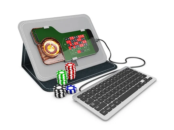 Ruleta de casino en línea con teclado y fichas. Ilustración 3d — Foto de Stock