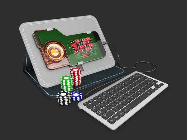 Ilustración 3d de la ruleta Smartphone con teclado y chips — Foto de Stock