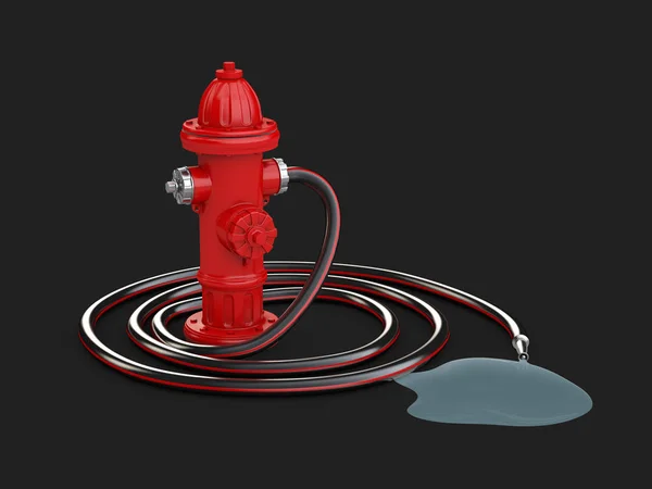 3d Illustration de Bouche d'incendie rouge avec tuyau d'incendie et eau, isolé noir — Photo