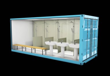 Banyo kapsayıcı. Yeniden kullanmak üzere konteyner, 3d illüstrasyon kavramı.