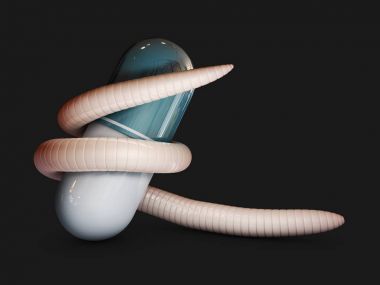 3d Illustration of parasitic worm around a pill clipart