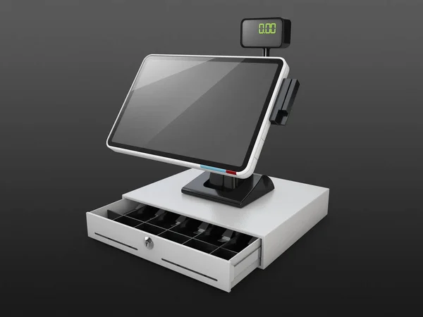 Ilustracja 3D otwarte kasy rejestrującej z czytnikiem kart kredytowych, na białym tle czarny — Zdjęcie stockowe