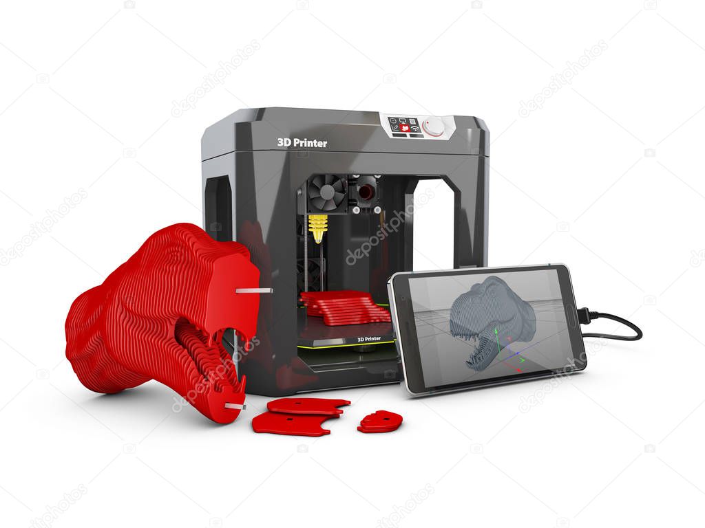 3D printer, smart phone and 3D sample model. 3D Illustration