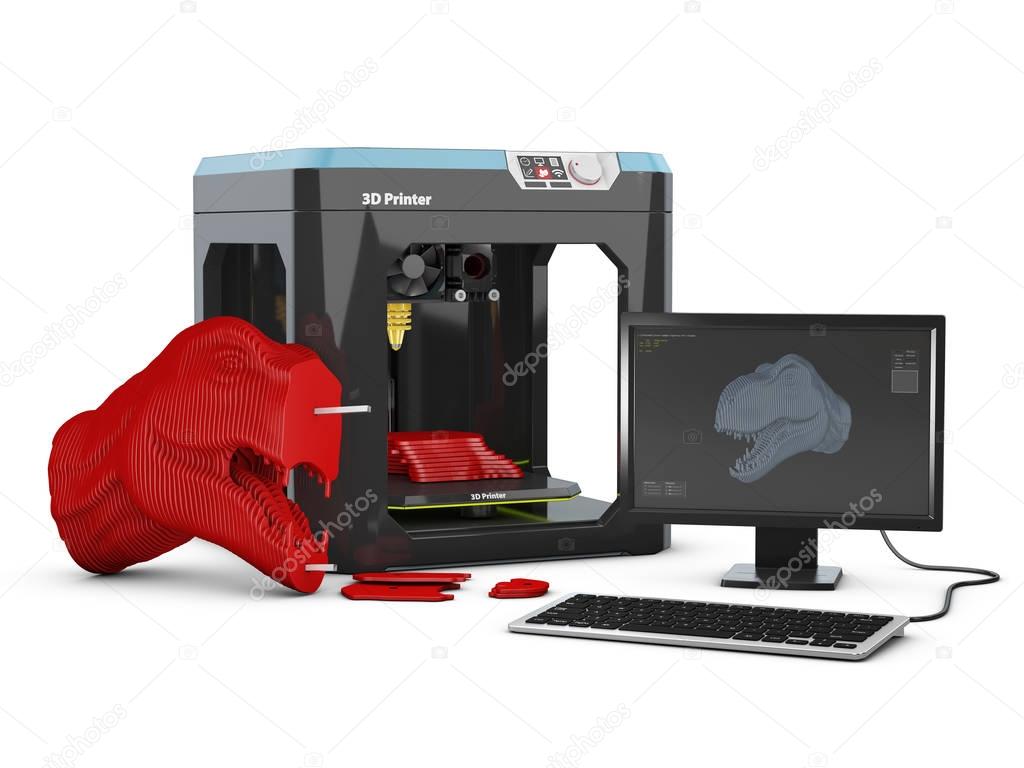 3D product design software and 3D printer. 3D illustration.