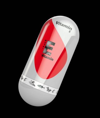 E vitamini kırmızı hap kapsül parlayan 3D Illustration. izole siyah
