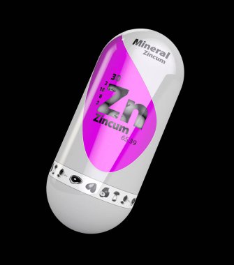 Mineral Zn zincum pembe hap kapsül parlayan 3D Illustration. izole siyah