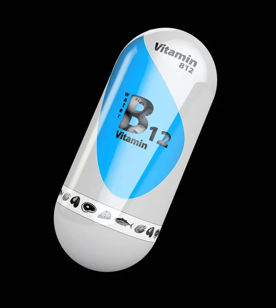 Illustrazione 3d di vitamina B12 capsula pillola blu brillante. isolato nero — Foto Stock