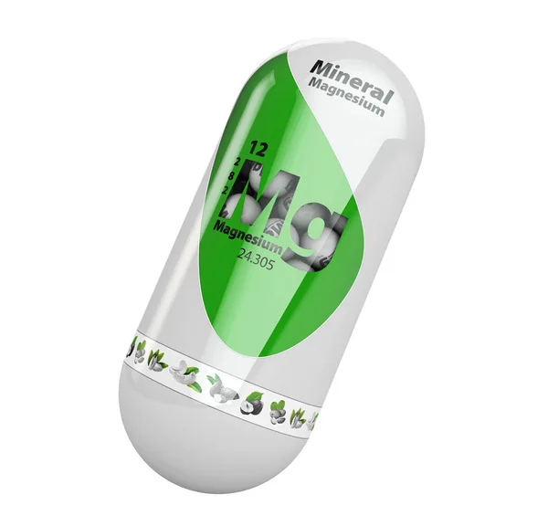 Minerale Mg magnesio verde brillante pillola capsula icona. Complesso vitaminico minerale con formula chimica. Illustrazione 3d — Foto Stock