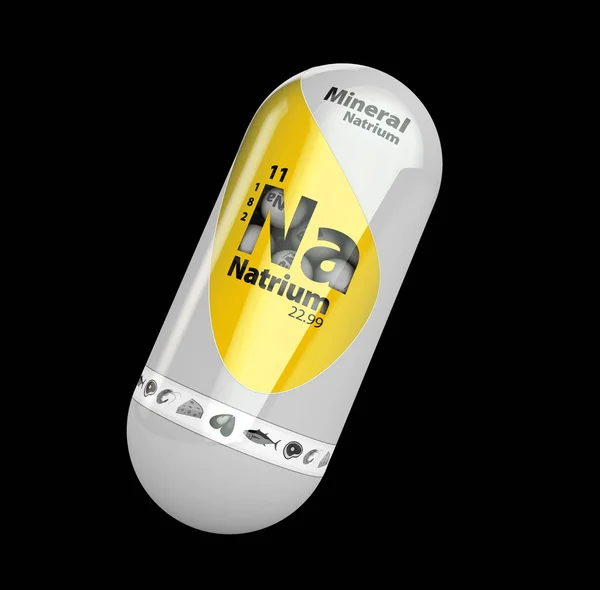 3d illustration of Mineral Na natrium yellow shining pill capsule. isolated black — Stock Photo, Image