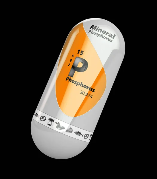 Illustrazione 3d della capsula pillola lucente arancione fosforo P minerale. isolato nero — Foto Stock